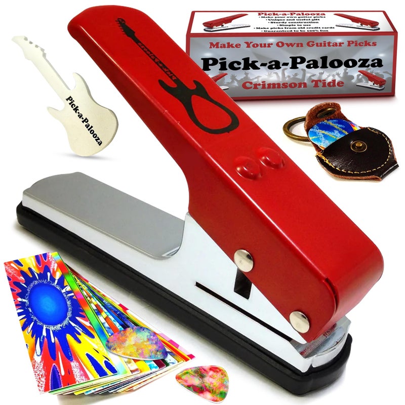 Pick-a-Palooza DIY Guitar Picks Punch Mega Pack - Custom Pick Maker for Musicians - Features Leather Key Chain Holder, Pick Strips with Artwork & File - Unique Gifts for Men & Women - Red Punch - Image 1